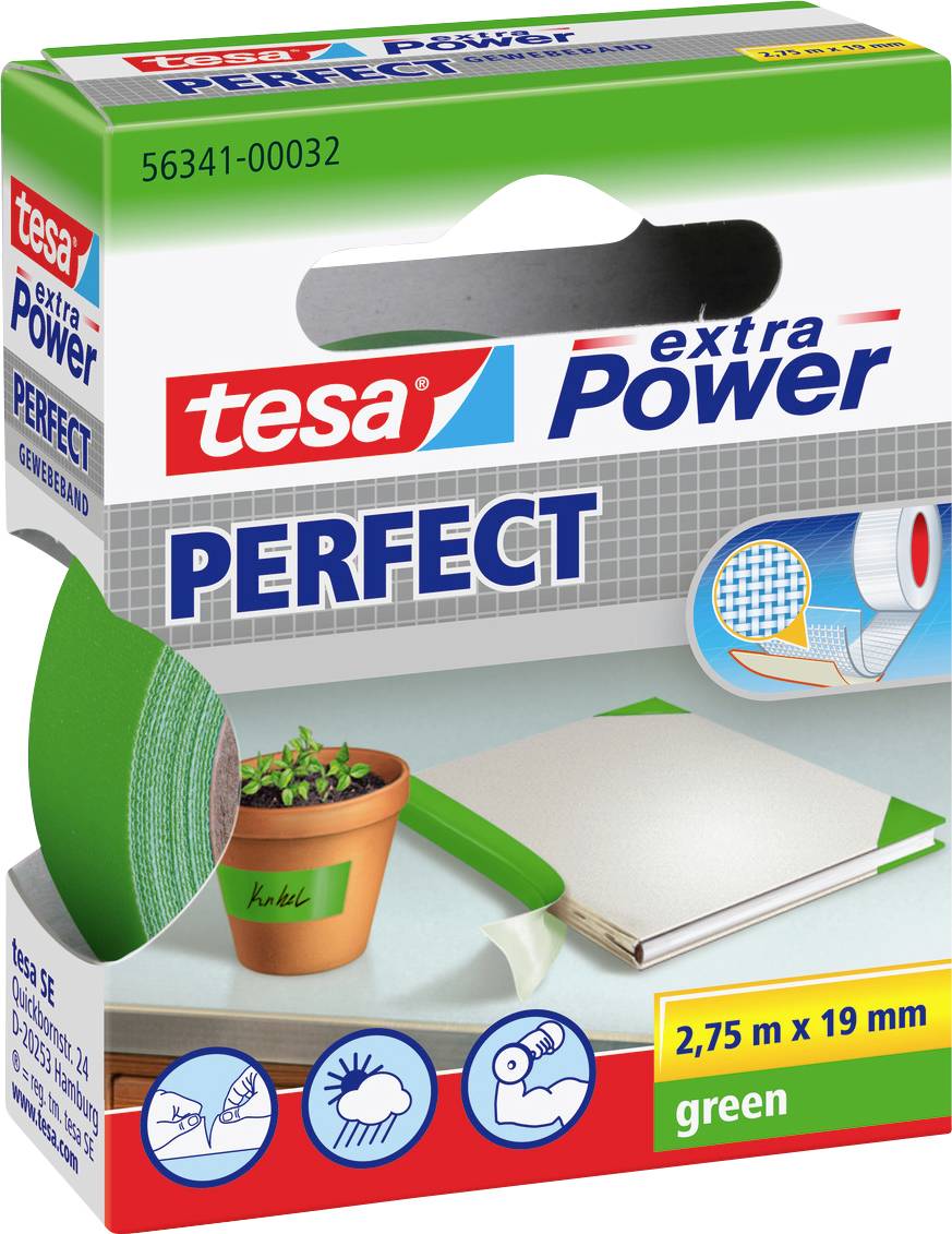 Die Verpackung des 'Tesa extra Power Perfect' Klebebands zeigt eine grüne Klebebandrolle und Illustrationen zur Verwendung auf Oberflächen wie Töpfen, Papier und zum Abdichten.