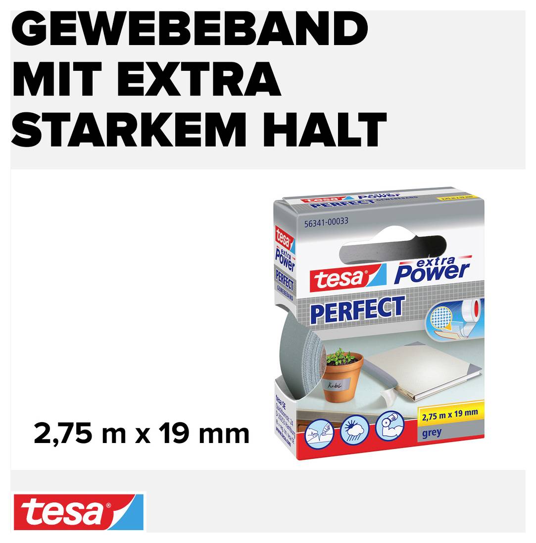 tesa PERFECT 56341-00033-03 Gewebeklebeband tesa® extra Power Grau (L x B) 2.75 m x 19 mm 1 St.