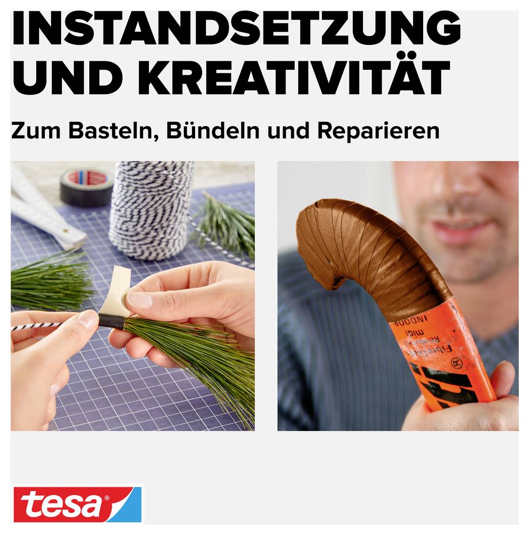 Zwei Bilder: Links jemand, der mit schwarzem Klebeband Pflanzenstiele zusammenbindet; rechts hält jemand eine mit Klebeband umwickelte Rohrisolierung. Text: 'Instandsetzung und Kreativität'.