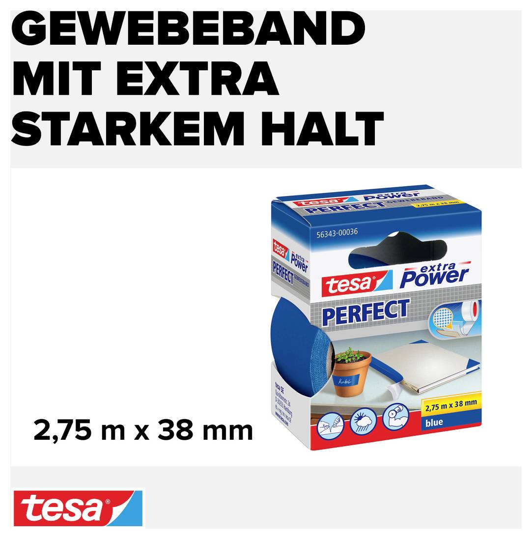 Gewebeband 'tesa extra Power Perfect' in Blau, 2,75 m x 38 mm. Stark haftend, geeignet für verschiedene Anwendungen.