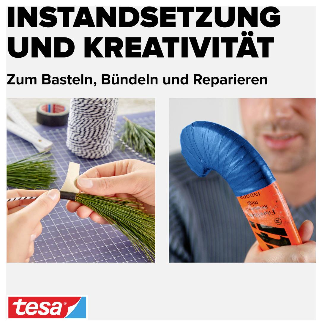 'Instandsetzung und Kreativität'. Zwei Bilder zeigen, wie verschiedene Tapes zum Basteln, Bündeln und Reparieren verwendet werden.