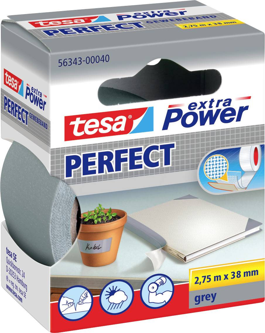 Verpackung des 'tesa extra Power PERFECT' Bandes, zeigt eine Rolle grauen Klebebands, deutet Verwendungsmöglichkeiten wie Pflanzen beschriften, Buchbinden und Lochausbesserung an.
