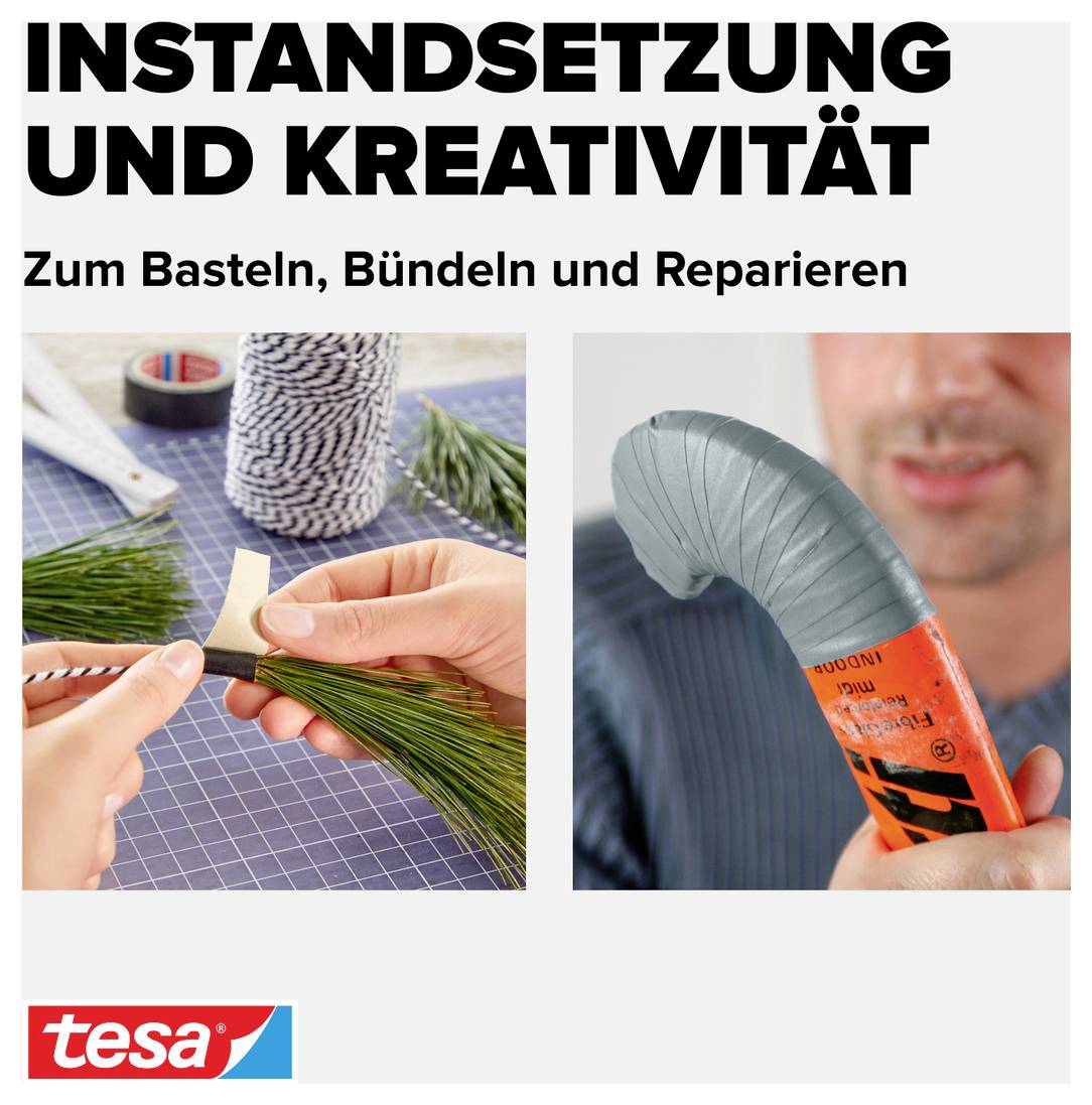 'Instandsetzung und Kreativität: Zum Basteln, Bündeln und Reparieren.' Zwei Bilder von Handwerken mit Klebeband.