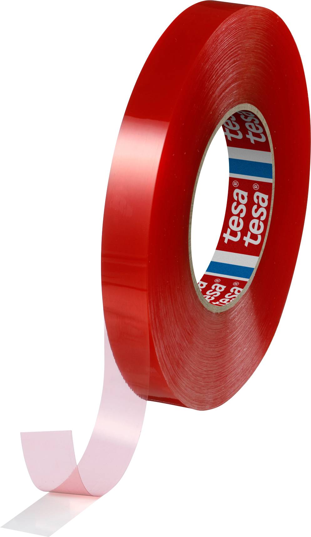 Rote Klebebandrolle mit dem Markennamen 'tesa' auf der innenseite, ein Stück des transparenten Klebebands ist abgerollt.