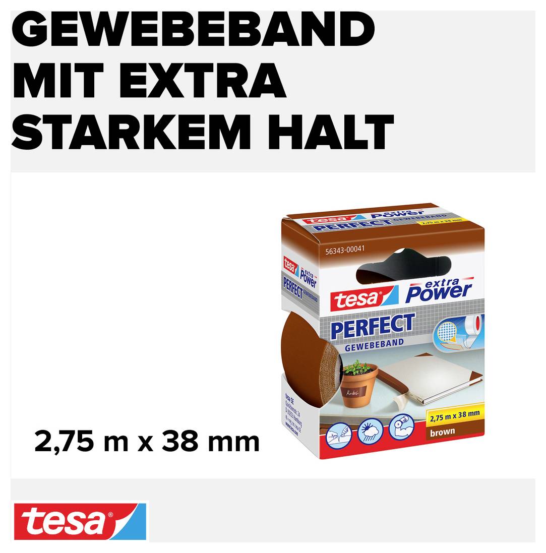 'Gewebeband mit extra starkem Halt' von tesa in Braun, 2,75 m x 38 mm. Abbildung zeigt Produktverpackung mit Piktogrammen und Text.