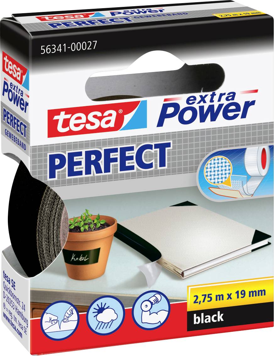 'Tesa extra Power Perfect' schwarzes Klebeband, Verpackung zeigt Produktverwendung zum Beschriften von Pflanzen, Buchrestaurierung und Abdichtung im Innenbereich. Größe: 2,75m x 19mm.