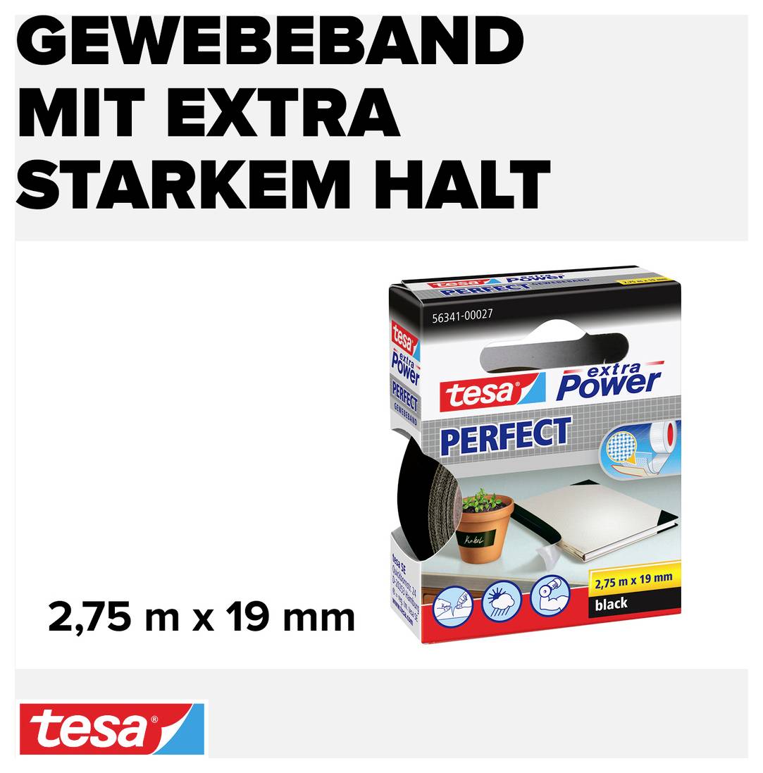 tesa PERFECT 56341-00027-03 Gewebeklebeband tesa® extra Power Schwarz (L x B) 2.75 m x 19 mm 1 St.