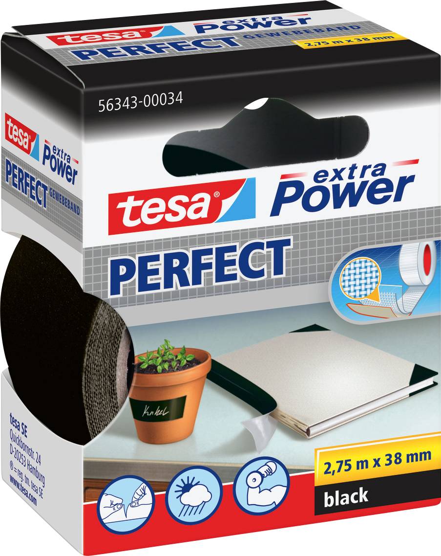 Packung von 'tesa extra Power PERFECT' schwarzem Klebeband, 2,75m x 38mm, mit Anwendungsbeispielen wie Buchrestaurierung, Pflanzenbeschriftung und Basteleien.