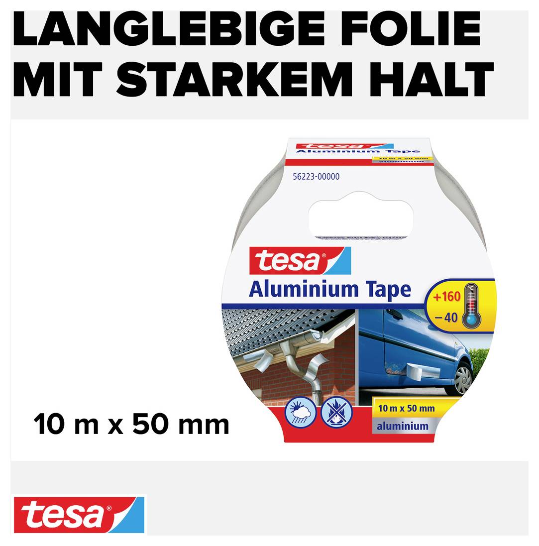 Produktverpackung für Tesa Aluminium Tape, 10 m x 50 mm. Text oben: Langlebige Folie mit starkem Halt.