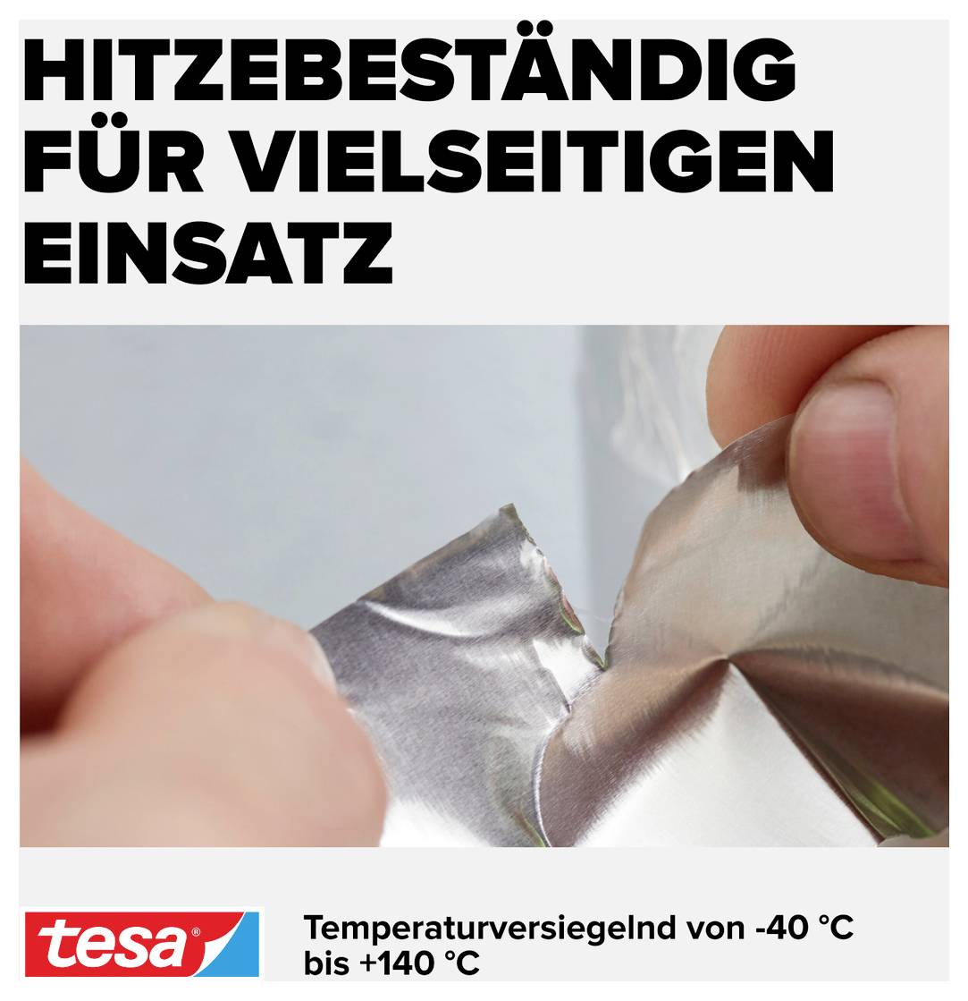 Zwei Hände kleben hitzebeständige Aluminiumfolie; geeignet für Temperaturen von -40 °C bis +140 °C. Markenlogo unten links.