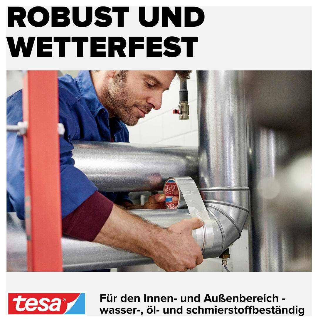 Ein Mann verwendet ein Klebeband an Rohren. Text: 'ROBUST UND WETTERFEST' über 'Für den Innen- und Außenbereich - wasser-, öl- und schmierstoffbeständig'.