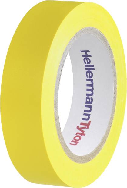 Gelbes Isolierband mit der Aufschrift 'HellermannTyton' auf der Innenseite der Rolle.