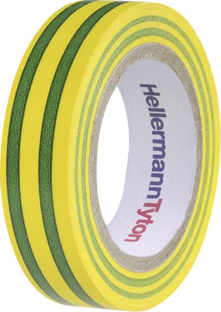 Mehrfarbiges Isolierband, hauptsächlich gelb mit grünen Streifen, von der Marke HellermannTyton.