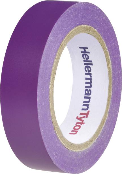 Lila Klebebandrolle, seitlich liegend, mit weißem Innenring, auf dem 'HellermannTyton' steht.