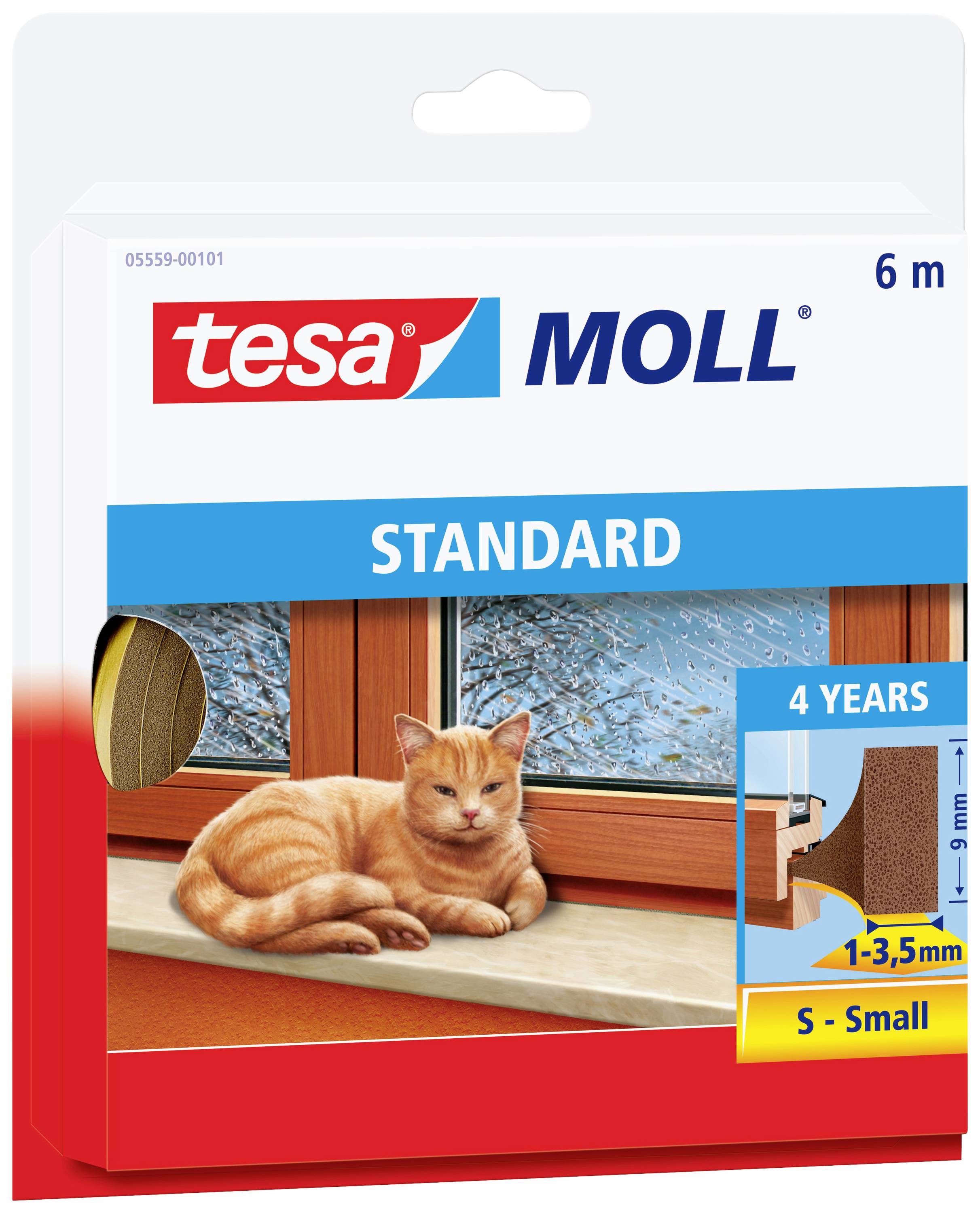 Verpackung mit Dämmstoff-Vorhängern von 'tesa MOLL'. Ein roter Kater liegt entspannt auf einem Fensterbrett. Aufschrift: 'Standard', '4 years', 'S - Small'.