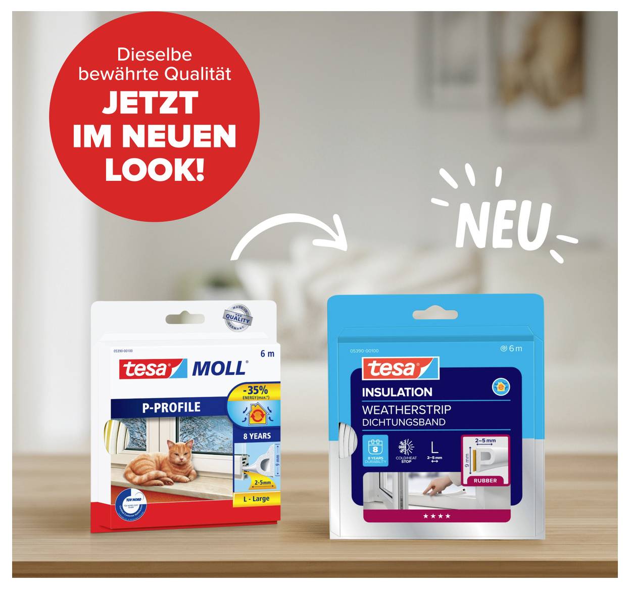 'Zuverlässige Qualität, jetzt im neuen Look.' Vergleich der alten und neuen Verpackung von tesa Dichtungsband mit Katze und Insulation-Symbol.