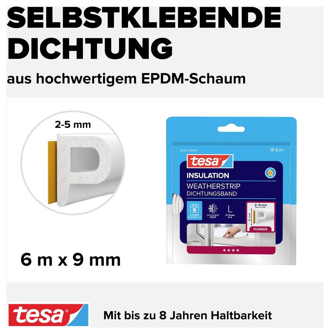 Selbstklebende Dichtung aus EPDM-Schaum, 6 m x 9 mm, hält bis zu 8 Jahre. Eignet sich für Türen und Fenster als Wetterschutz.