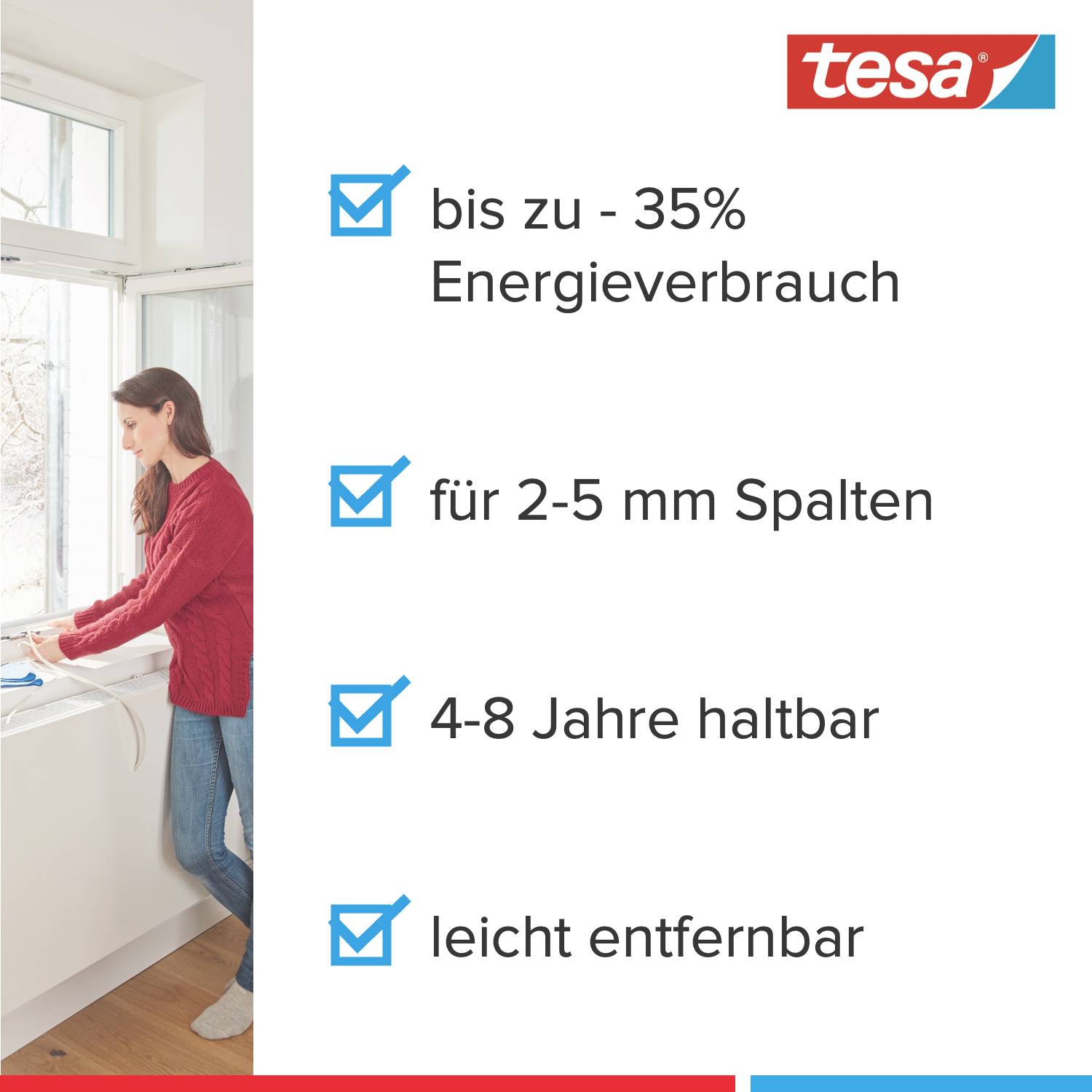 Frau in rotem Pullover bringt Fensterabdichtung an. Text: 'bis zu 35 % Energieersparnis, für 2-5 mm Spalten, 4-8 Jahre haltbar, leicht entfernbar.'