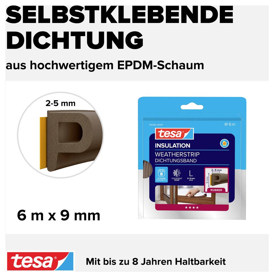 Selbstklebende Dichtung aus hochwertigem EPDM-Schaum, 2-5 mm stark, 6 m x 9 mm. Bis zu 8 Jahren Haltbarkeit.