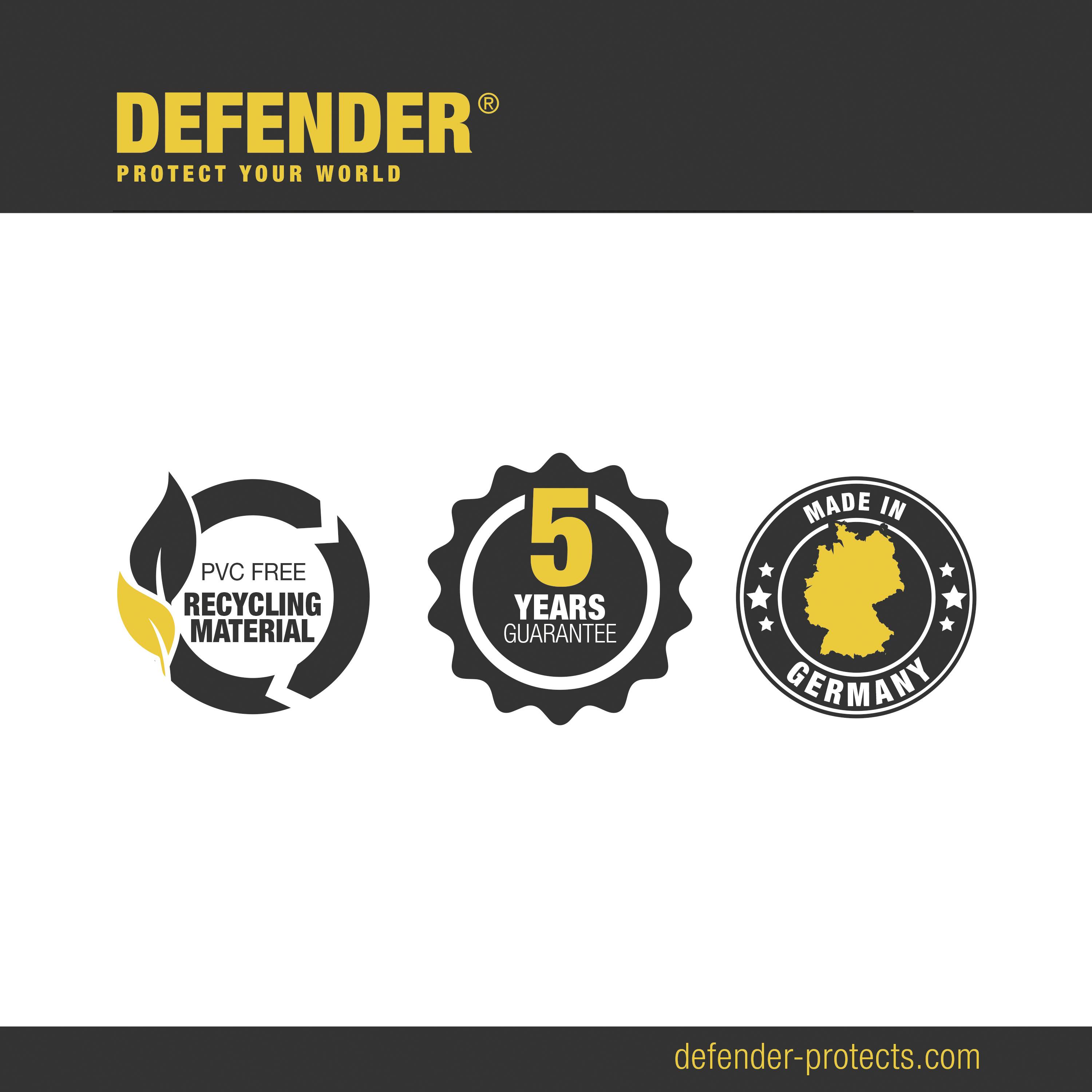 'Defender' Logo und Slogan 'Protect your world'. Drei Symbole: PVC-frei und recycelbar, 5 Jahre Garantie, Hergestellt in Deutschland.
