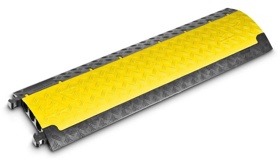 Gelbe Kabelbrücke aus Kunststoff auf Metallbasis. Sie schützt Kabel vor Beschädigungen, um Stolperfallen zu vermeiden. Geeignet für Baustellen oder Veranstaltungen.