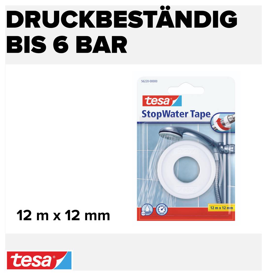 Eine Verpackung 'tesa StopWater Tape', die gegen Wasserdruck bis 6 Bar widersteht. Maße: 12 m x 12 mm.