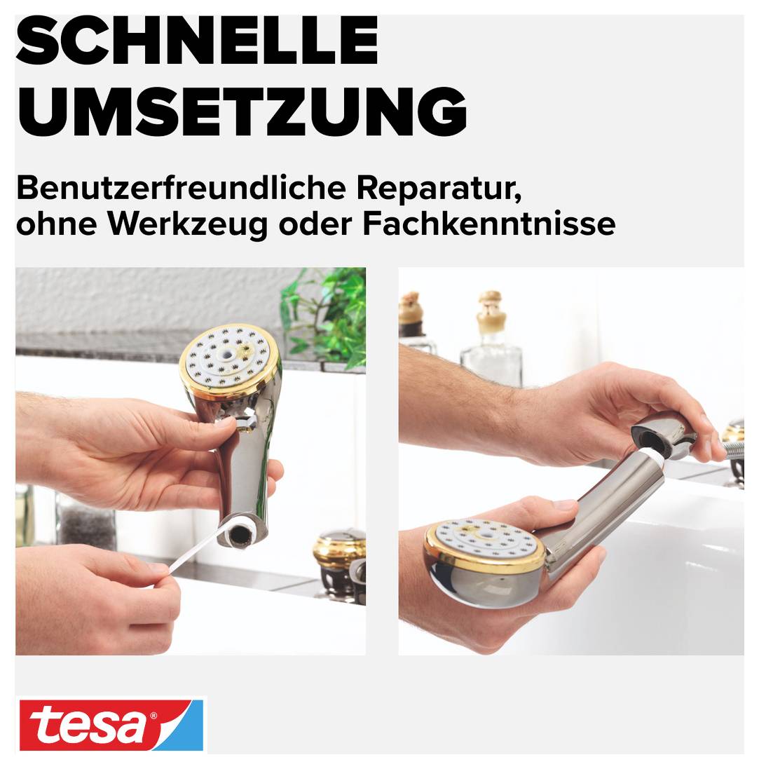 Zwei Bilder zeigen die Reparatur eines Duschkopfes: links mit beschädigtem Schlauch, rechts mit neuem Schlauch ausgetauscht. Text: 'Schnelle Umsetzung'.