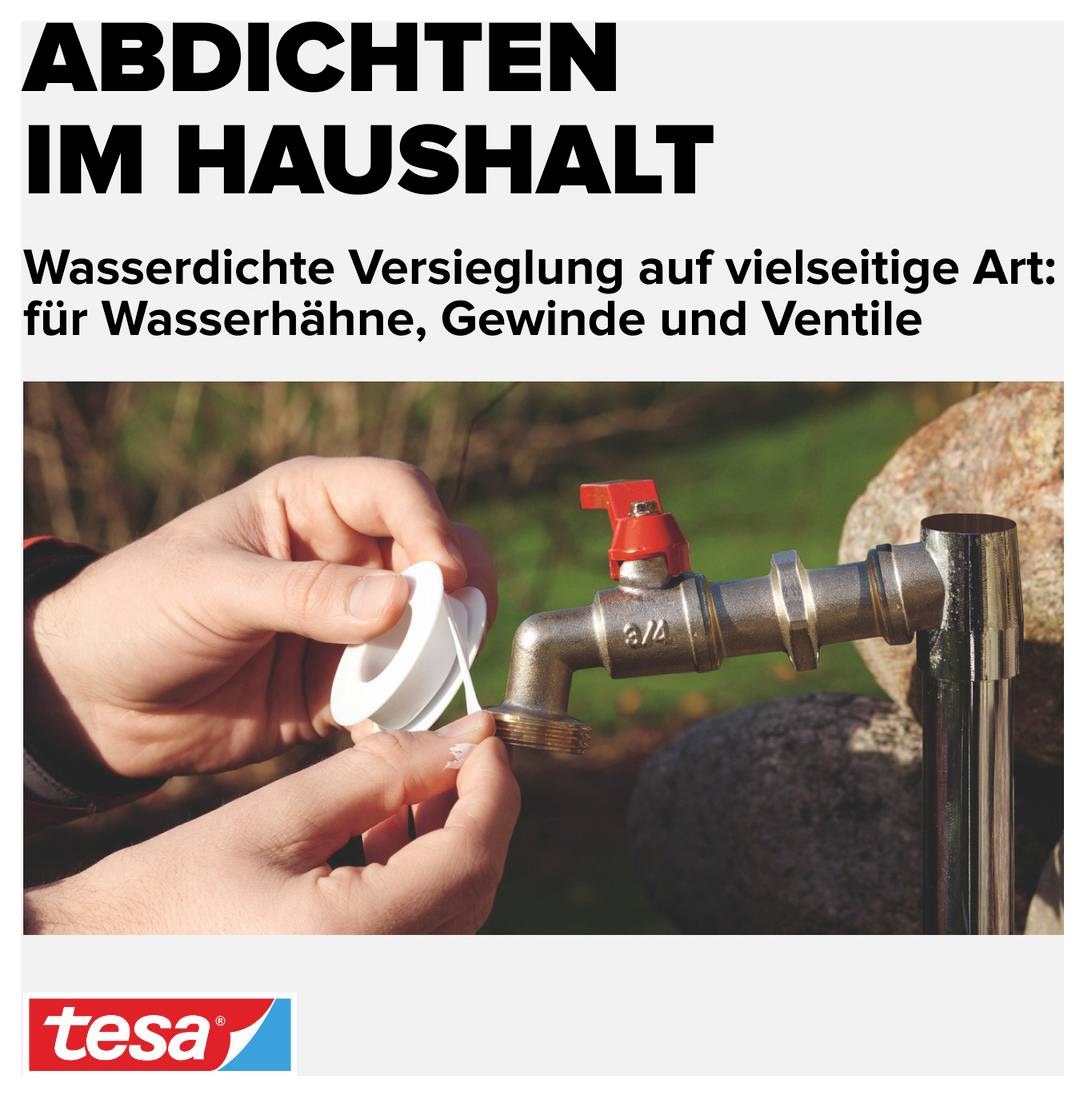 'Abdichten im Haushalt' zeigt eine Person, die Dichtband um einen Wasserhahn anbringt. Text beschreibt den Einsatz für Wasserhähne, Gewinde und Ventile.