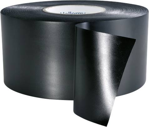 Schwarzes Klebeband, lose Rolle mit einem abstehenden Stück.