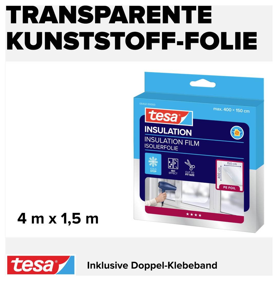 Transparente Kunststoff-Folie von Tesa, Größe 4 m x 1,5 m, inklusive Doppel-Klebeband. Verpackung zeigt Anwendung auf Fenster.