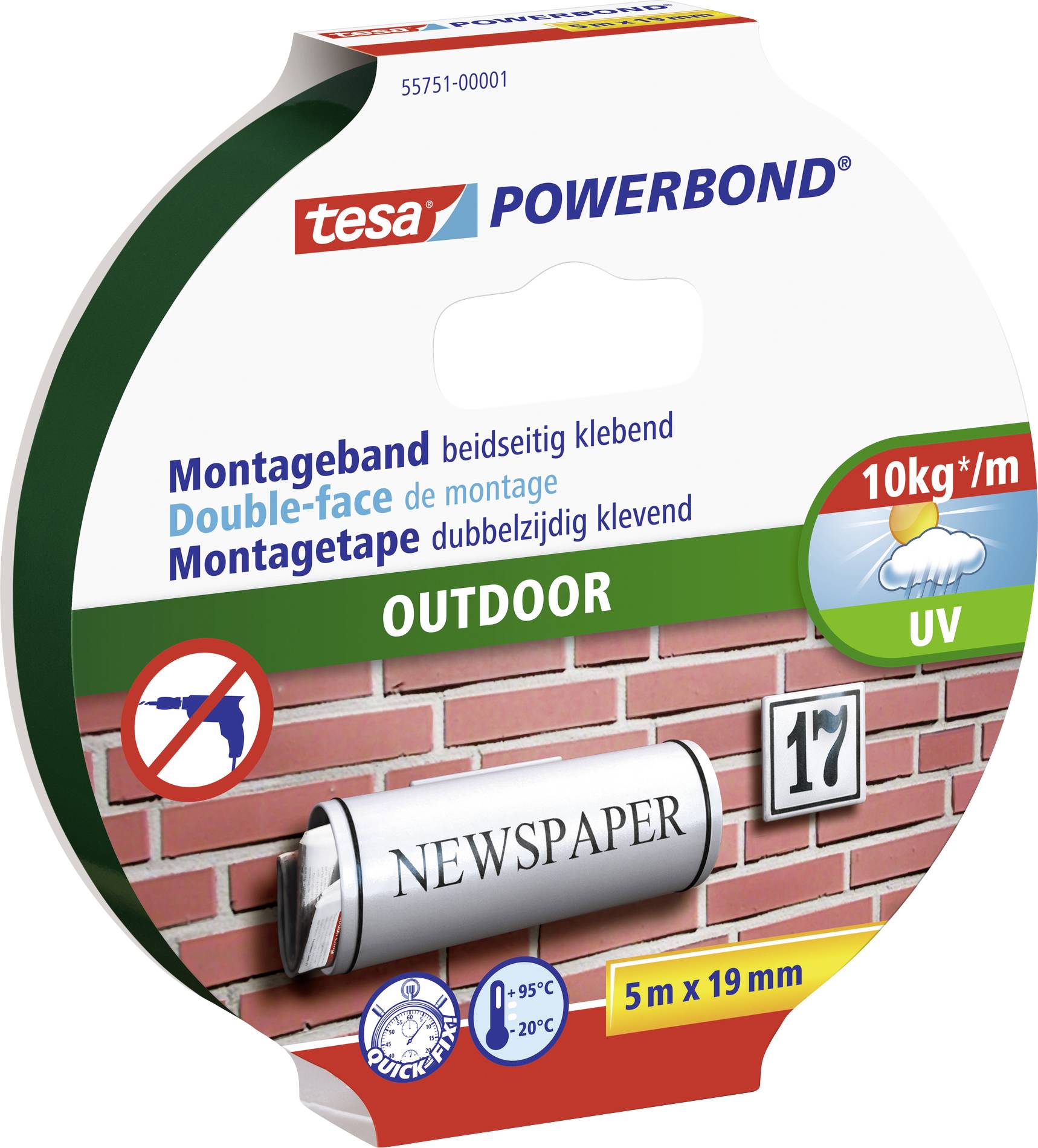 Verpackung für 'tesa Powerbond Outdoor', doppelseitiges Montageband, 5m x 19mm, hält 10kg/m, geeignet für Außenbereiche.