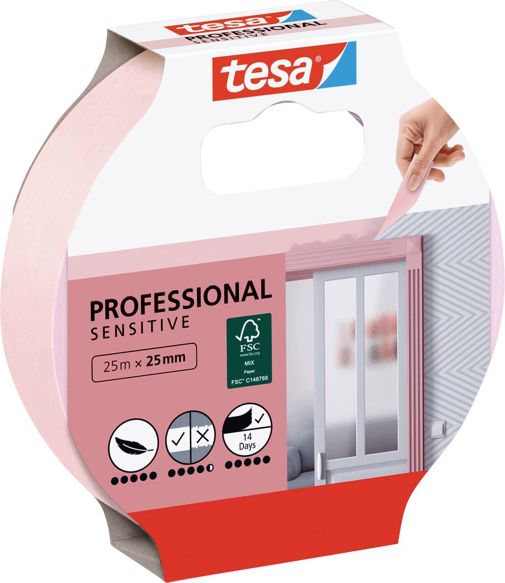 Eine Rolle pinkes Tesa Professional Sensitive Klebeband, 25mm x 25m, in Verpackung mit Darstellung der Anwendung an einem Türrahmen. FSC-zertifiziert, rückstandsfreie Entfernung nach 14 Tagen.