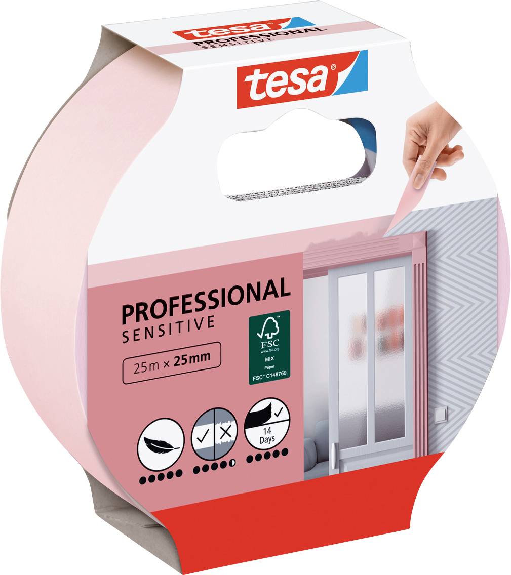 Verpackung von 'tesa Professional Sensitive' Klebeband, 25mm x 25m. Symbole zeigen Verwendung auf lackierten Oberflächen, 14-Tage rückstandsfreie Entfernung und FSC-Zertifizierung.