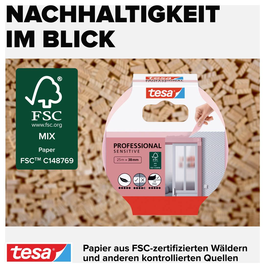 'Nachhaltigkeit im Blick' - Verpackung für tesa Klebeband mit FSC-Mix-Label, betont umweltfreundliche Materialien aus zertifizierten Quellen.