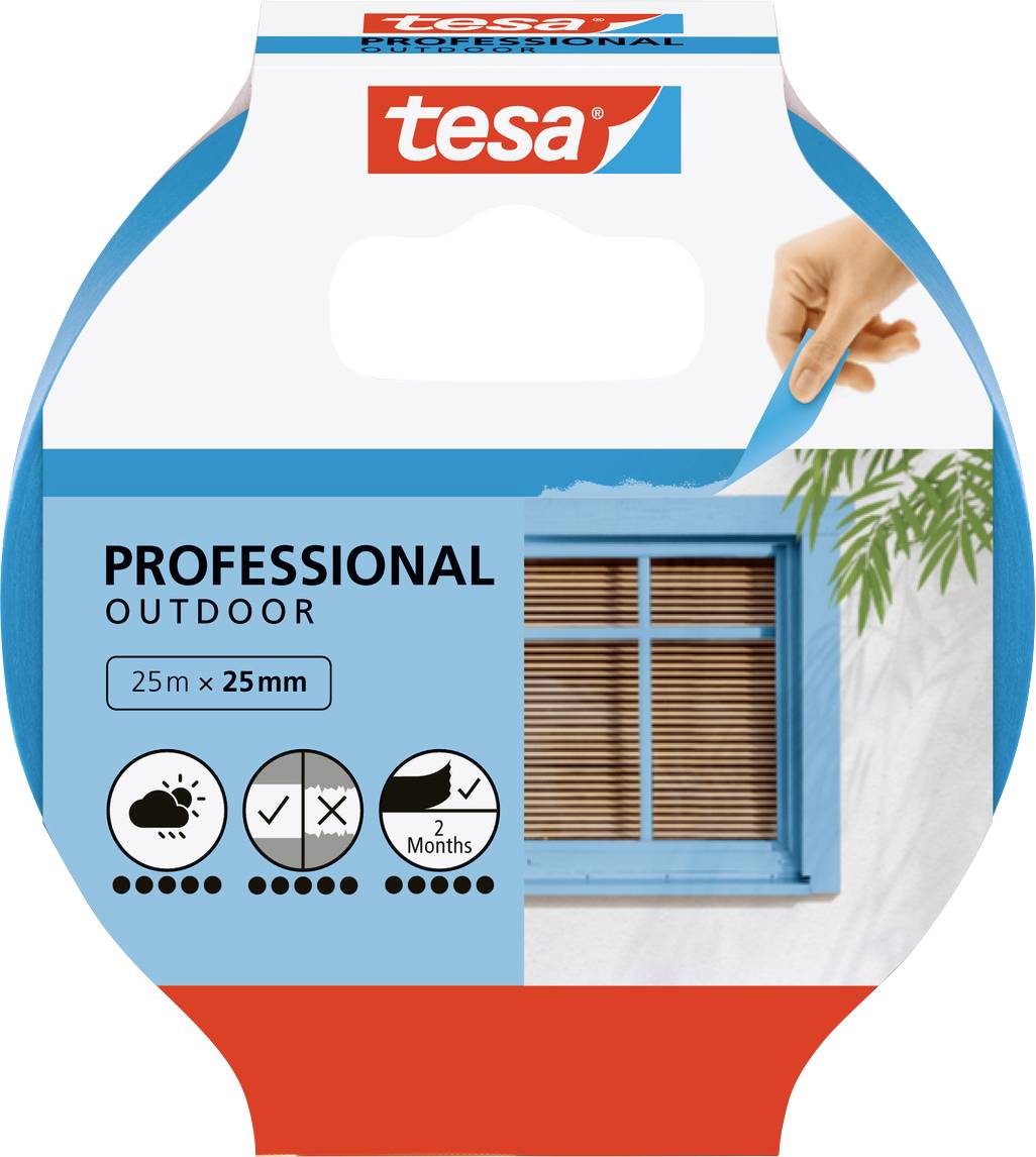 Verpackung für Tesa Outdoor-Klebeband, Verwendungshinweise. Eigenschaften umfassen Wetterbeständigkeit, UV-Schutz und 2-monatige Haltbarkeit.
