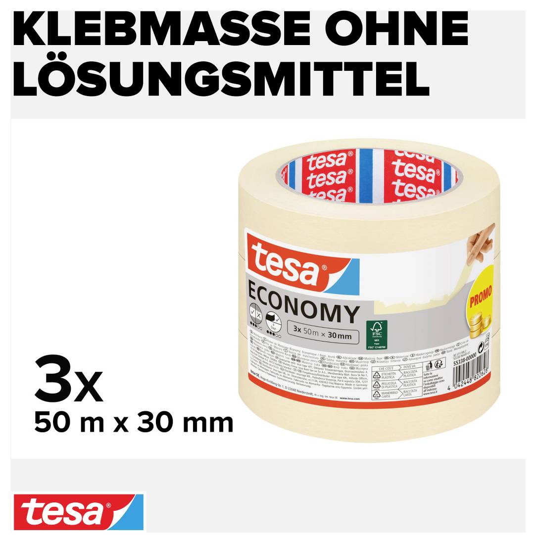'Klebmasse ohne Lösungsmittel' mit drei Rollen tesa Economy Klebeband, jeweils 50 m lang und 30 mm breit.