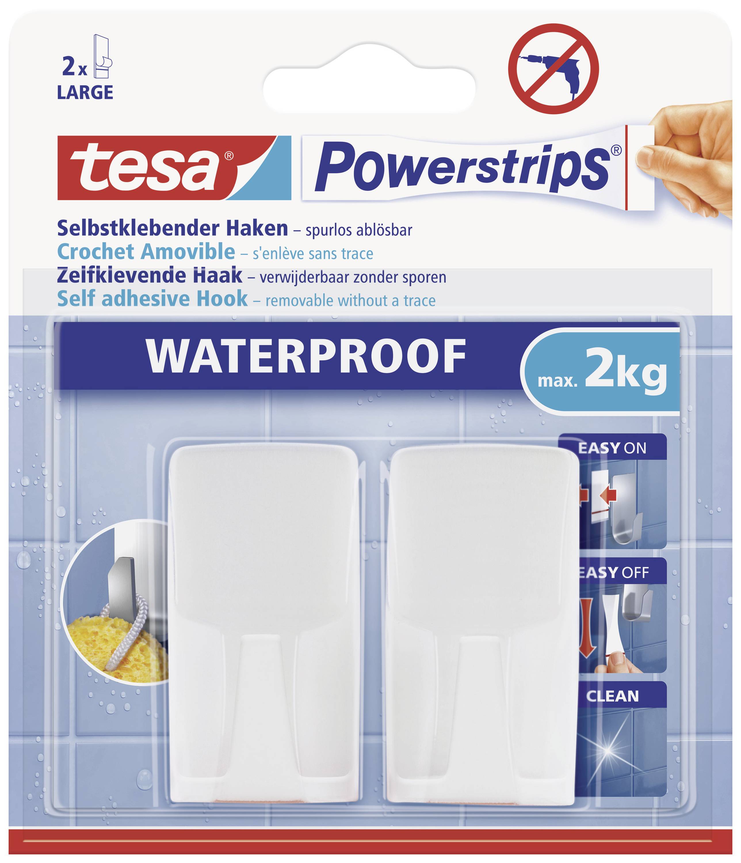 Verpackung von tesa Powerstrips mit zwei wasserfesten selbstklebenden Haken, die bis zu 2kg tragen können. Anwendungshinweise abgebildet.