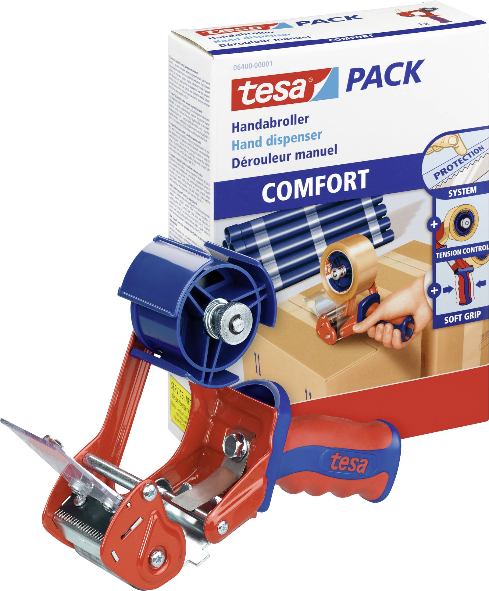 Handabroller mit ergonomischem Griff und Packung. Verpackung zeigt Bedienung, bietet Komfort und Präzision beim Verpacken.