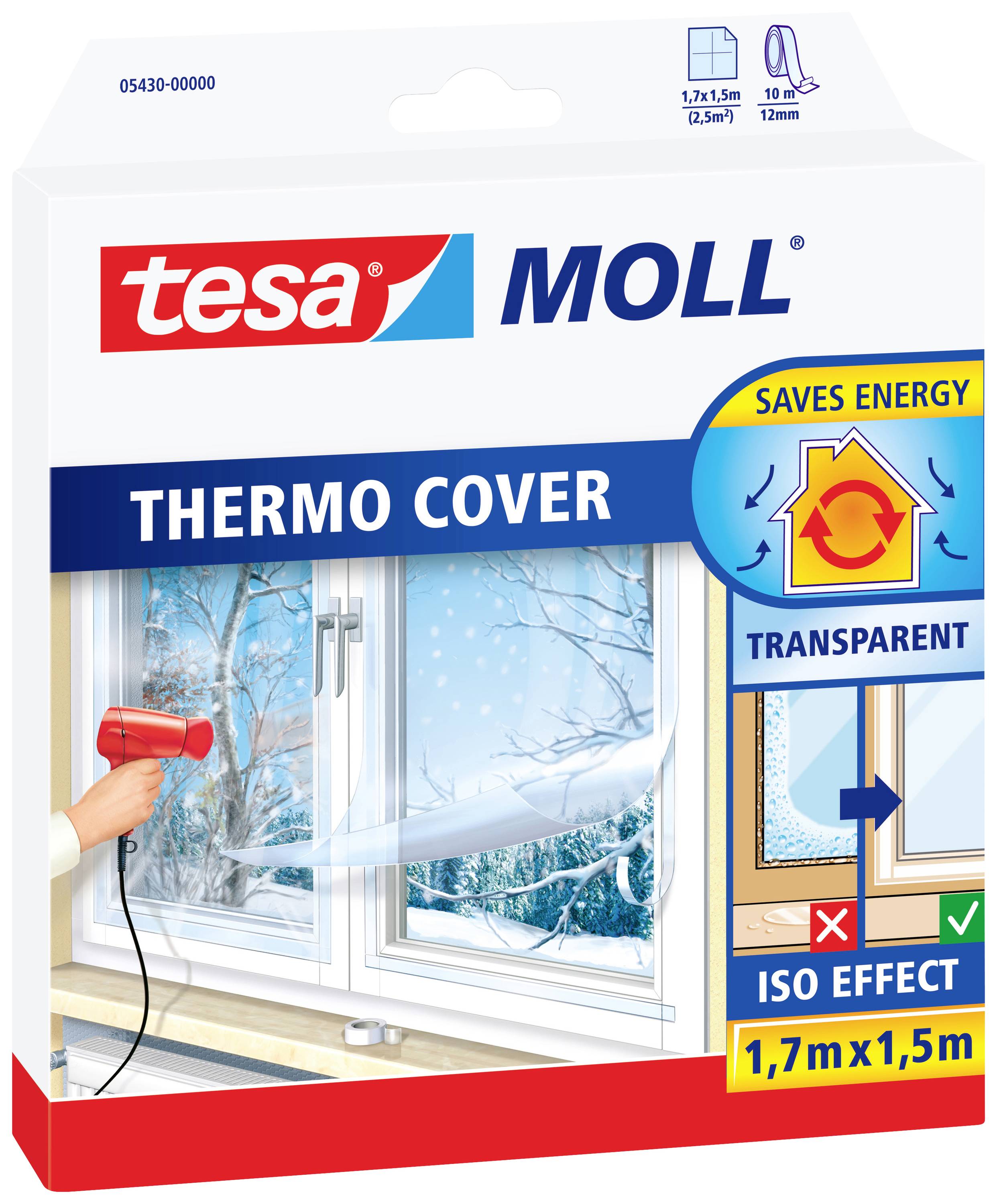 Verpackung für 'tesa MOLL Thermo Cover', transparentes Isolationsset zur Energieeinsparung, geeignet für Fenstergrößen bis 1,7 x 1,5 m.