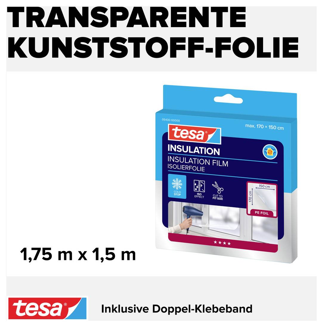 'Transparente Kunststoff-Folie' von Tesa zur Isolierung. Verpackungsbild zeigt Maße: 1,75 m x 1,5 m, inkl. Doppel-Klebeband.