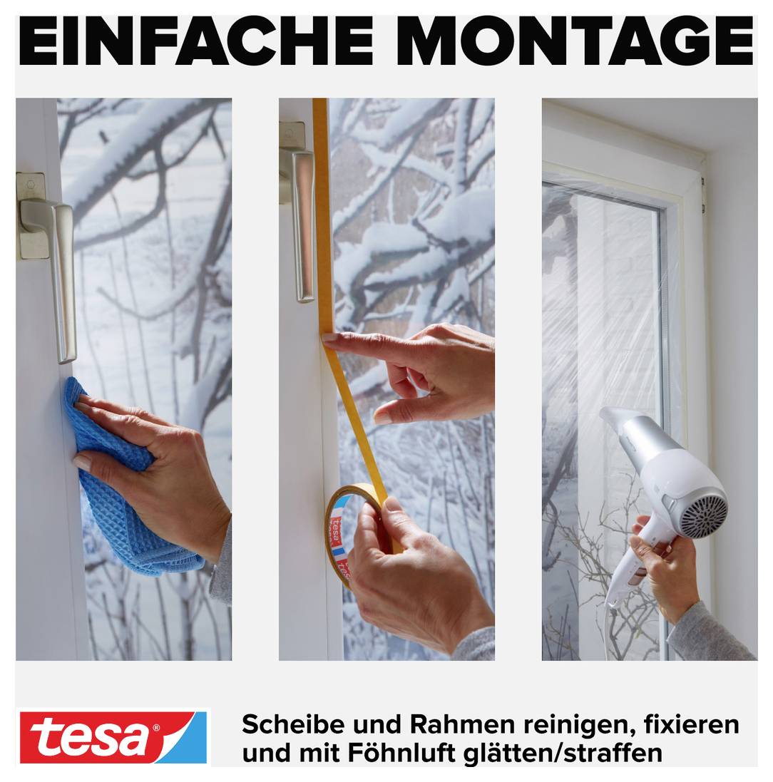 Drei Schritte zur Fenstermontage: 1. Rahmen reinigen 2. Klebeband anbringen 3. Mit Föhn bearbeiten. Marke unten links: tesa.