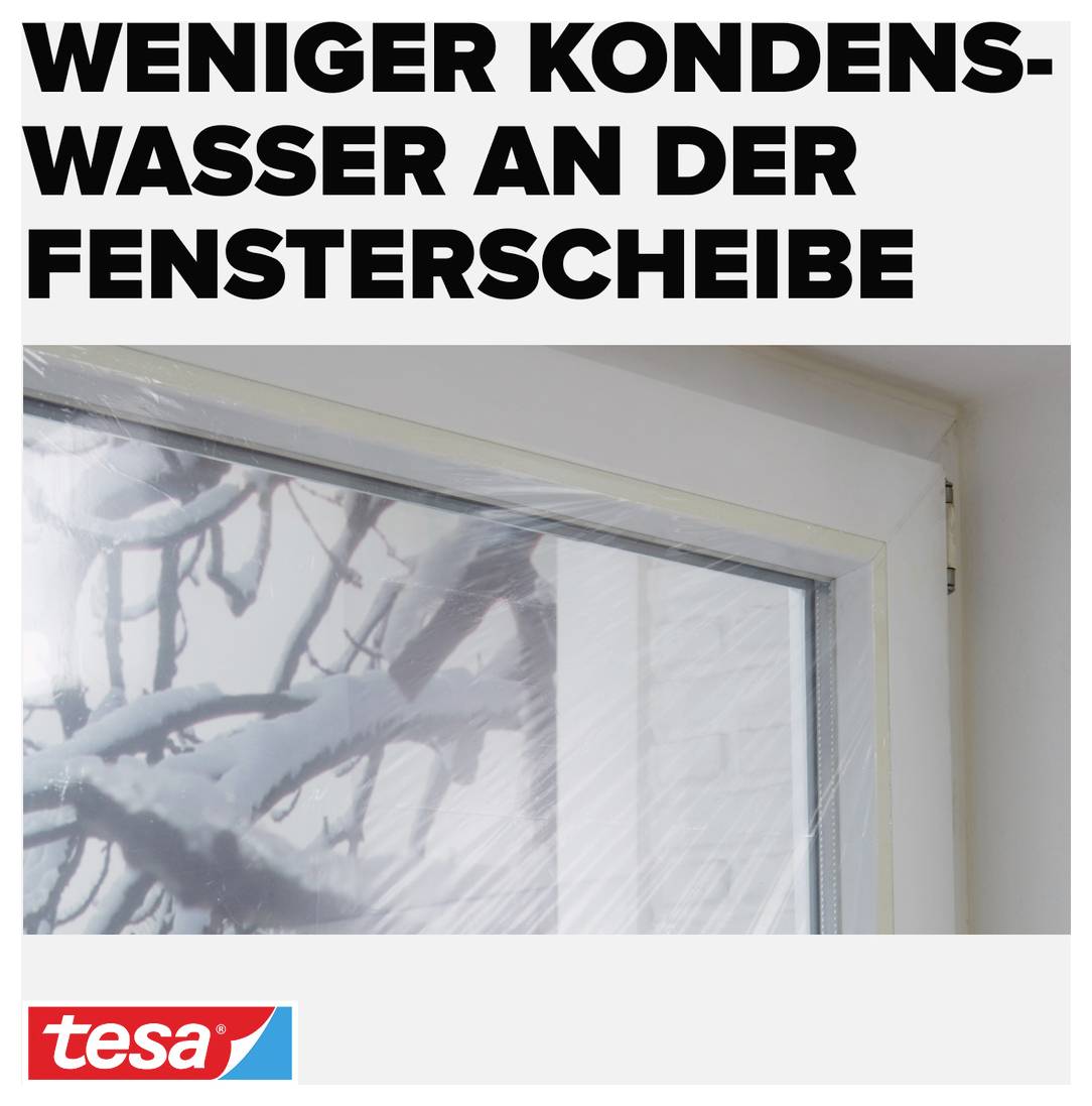 'Weniger Kondenswasser an der Fensterscheibe' steht über einem Bild eines winterlichen Fensters mit Schnee außerhalb. Markenlogo unten.
