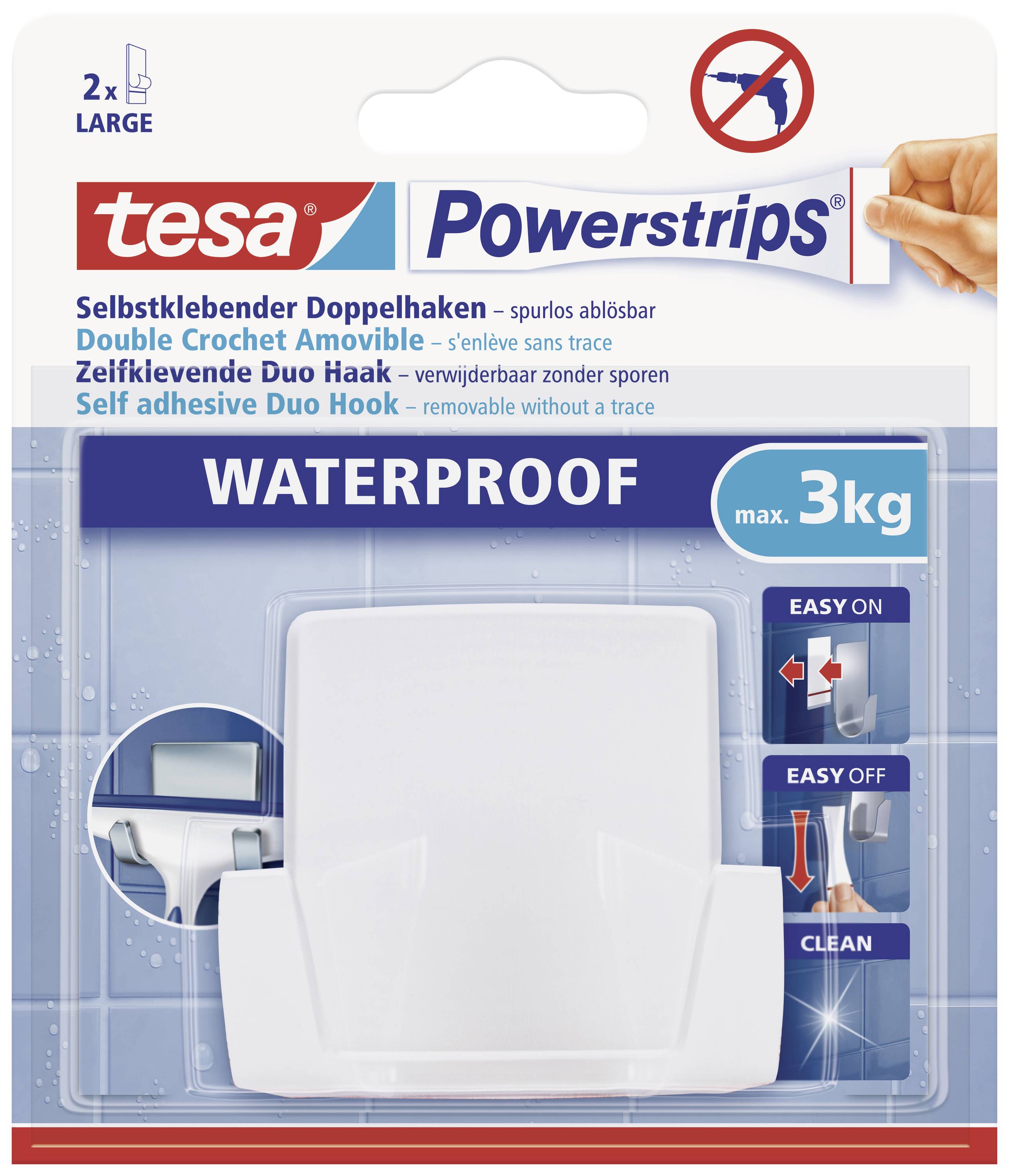 Verpackung von tesa Powerstrips. Enthält selbstklebenden Doppelhaken wasserdicht, belastbar bis 3 kg. Abnehmbar ohne Spuren.