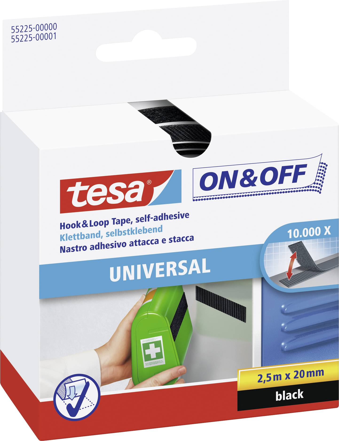 TESA On & Off 55225-00-01 Klettband zum Aufkleben Haft- und Flauschteil (L x B) 2500 mm x 20 mm Sch