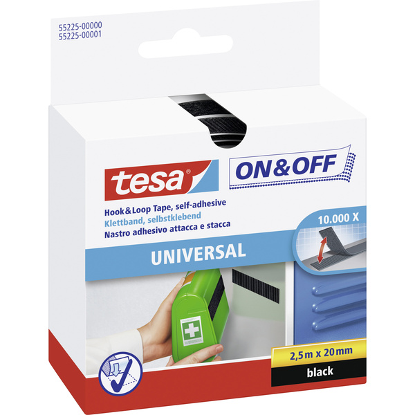 TESA On & Off 55225-00-01 Klettband zum Aufkleben Haft- und Flauschteil (L x B) 2500mm x 20mm Schwarz 1St.