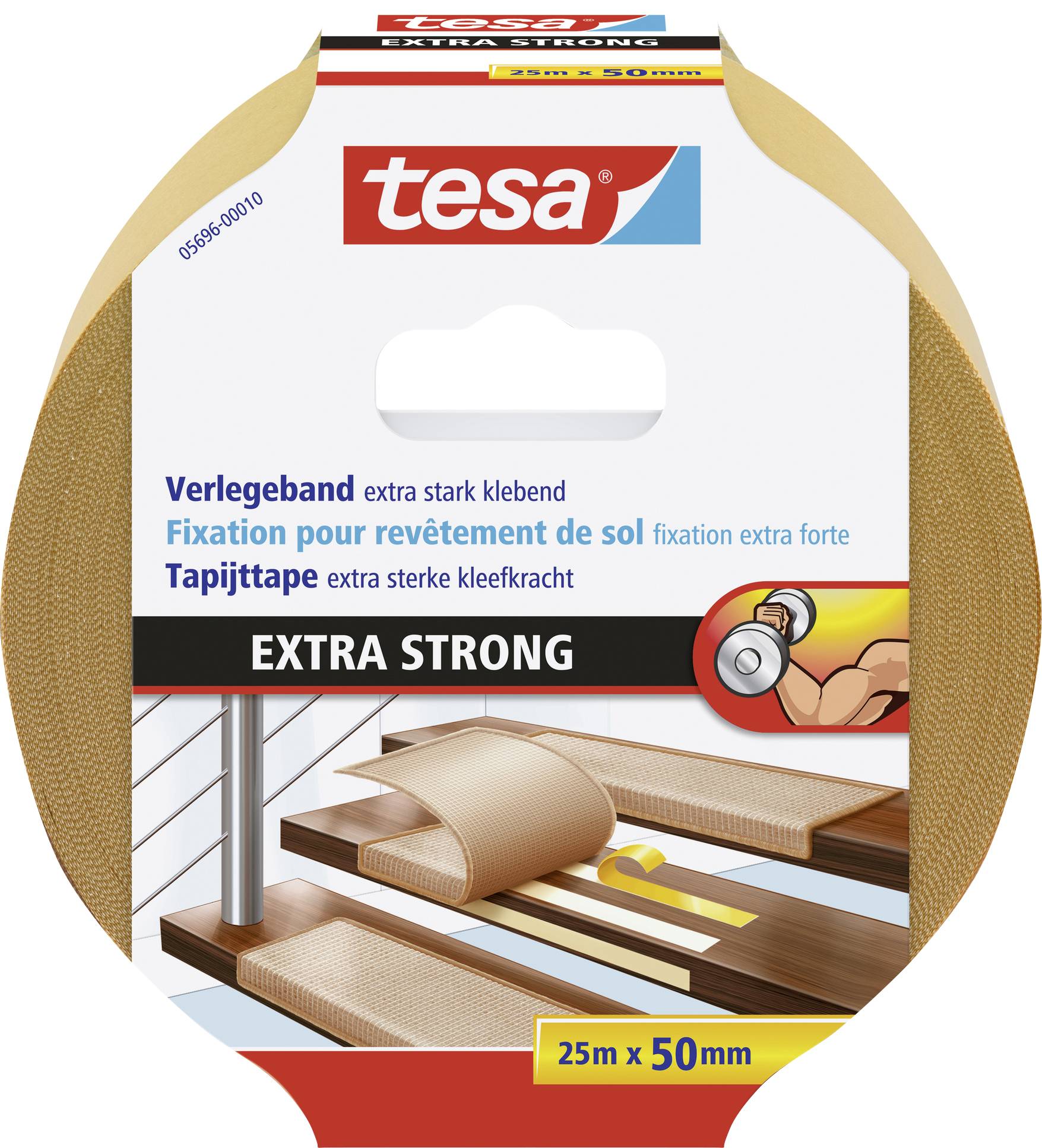 Eine Verpackung von 'tesa' Verlegeband, 25m x 50mm, extra stark klebend, zeigt die Anwendung auf Bodenbelägen.