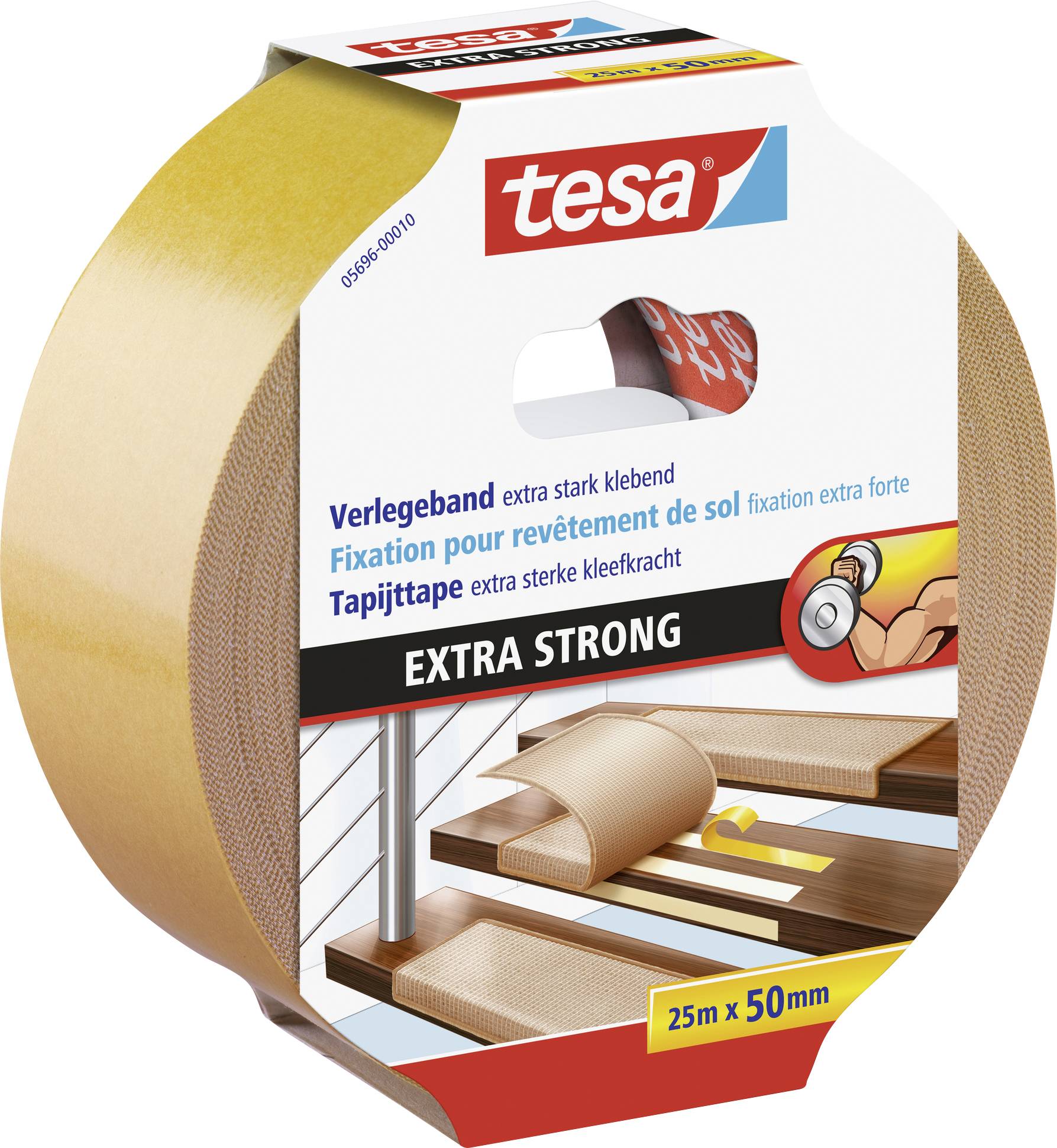 'Verlegeband extra stark klebend, Fixation pour revêtement de sol, Tapijt-tape, Extra starke Kleefkracht, 25m x 50mm' auf Verpackung.