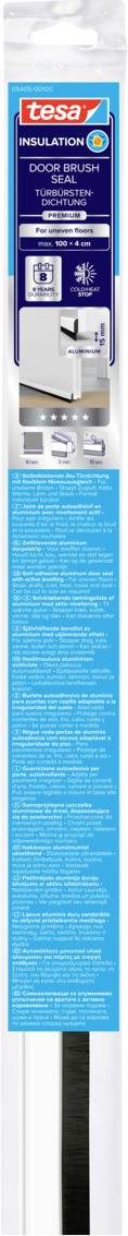 Tesa moll Universal-WetterstreifenDas Verpackungsmaterial zeigt Produktinformationen, einen Raum mit Fenstern zur Veranschaulichung der Zugluftprävention und Längenangaben.