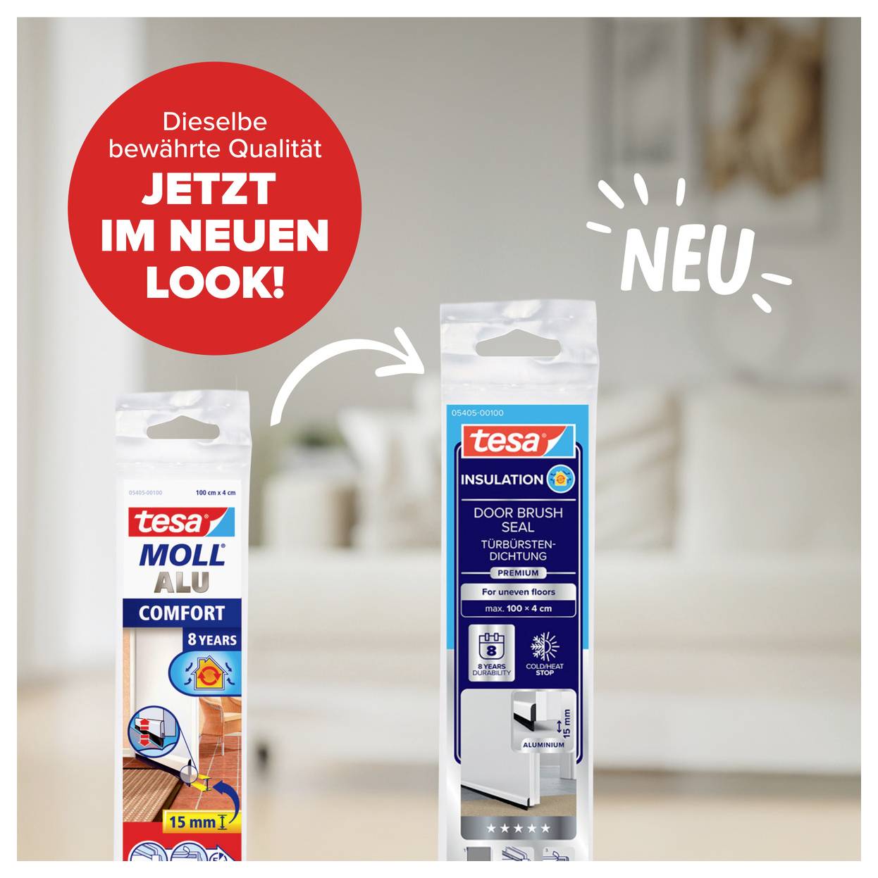Links: Tesa Comfort Alu Dichtungsband, 8 Jahre, 15 mm x 7 m. Rechts: Tesa Insulation Door Brush Seal, neu, Türdichtungs-Set für Zugluftschutz.