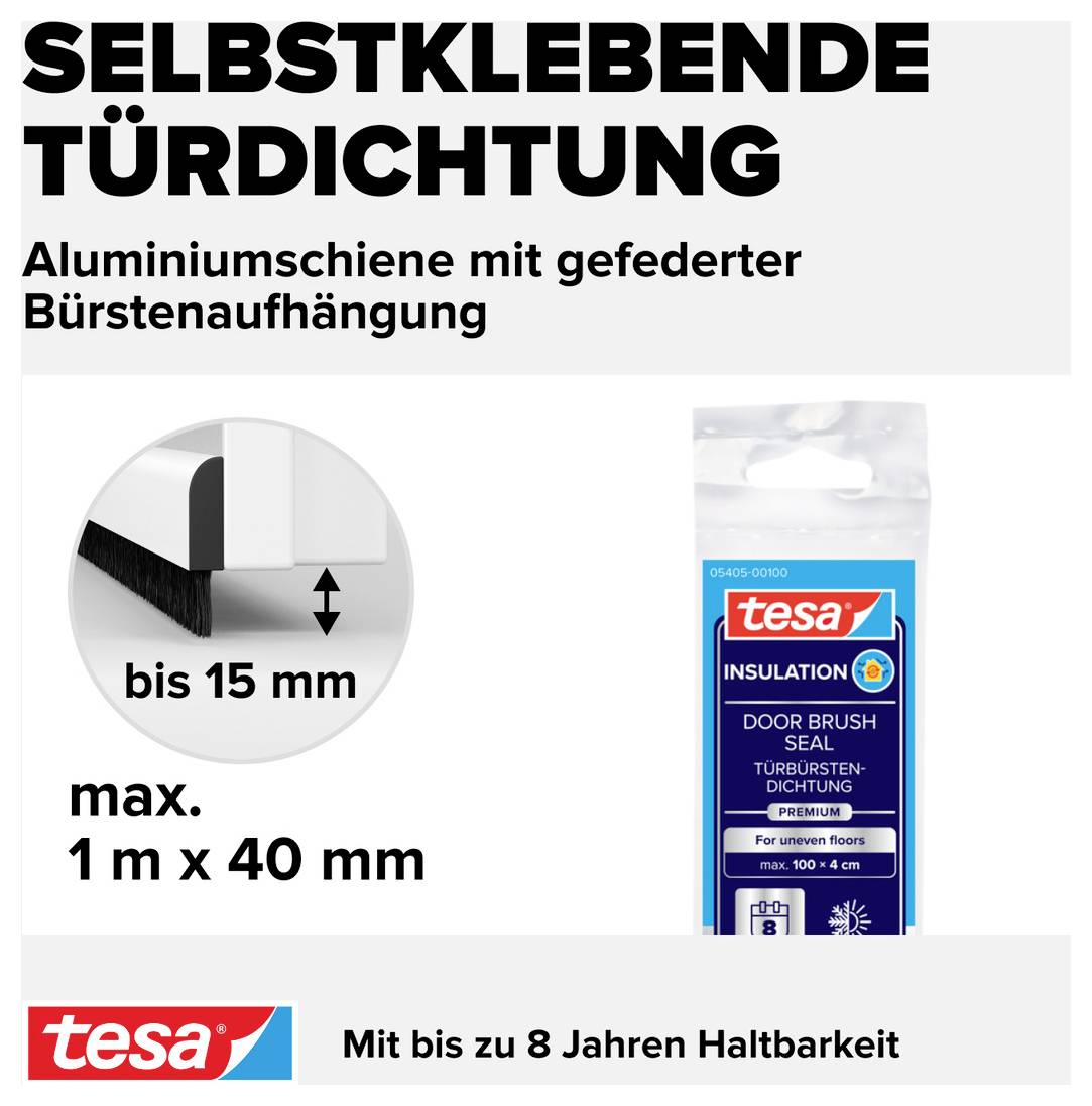 'Selbstklebende Türdichtung' aus Aluminium mit gebürsteter Aufhängung, max. Maße 1 m x 40 mm. Hergestellt von tesa, langlebig und isolierend.